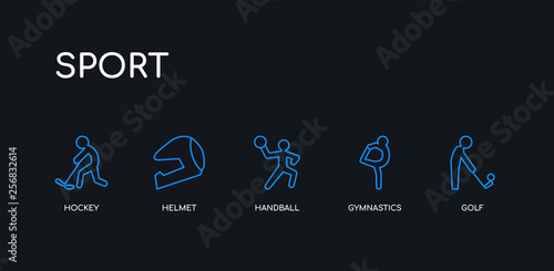 5 outline stroke blue golf, gymnastics, handball, helmet, hockey icons from sport collection on black background. line editable linear thin icons.