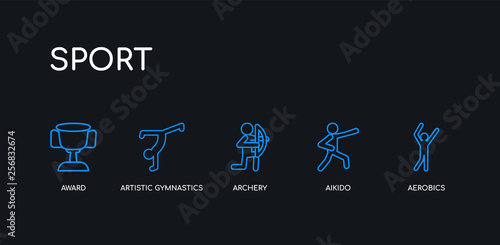 5 outline stroke blue aerobics, aikido, archery, artistic gymnastics, award icons from sport collection on black background. line editable linear thin icons.