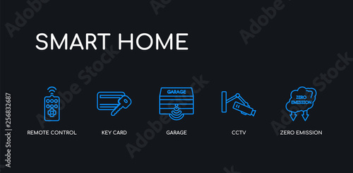 5 outline stroke blue zero emission, cctv, garage, key card, remote control icons from smart home collection on black background. line editable linear thin icons.