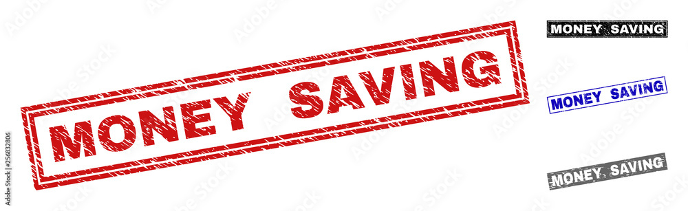 Grunge MONEY SAVING rectangle stamp seals isolated on a white background. Rectangular seals with distress texture in red, blue, black and gray colors. Grunge MONEY SAVING rectangle stamp seals isolated on a white background. Rectangular seals with distress texture in red, blue, black and gray colors.