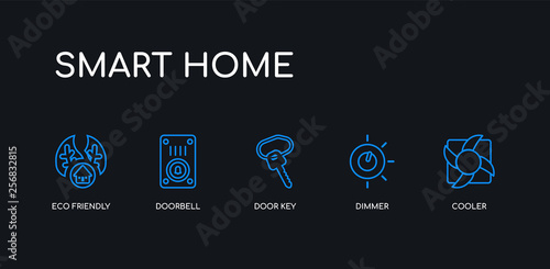 5 outline stroke blue cooler, dimmer, door key, doorbell, eco friendly icons from smart home collection on black background. line editable linear thin icons.