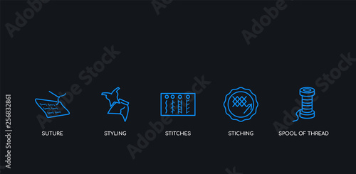 5 outline stroke blue spool of thread, stiching, stitches, styling, suture icons from sew collection on black background. line editable linear thin icons.
