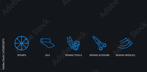 5 outline stroke blue sewing needles, sewing scissors, sewing tools, silk, spokes icons from sew collection on black background. line editable linear thin icons.