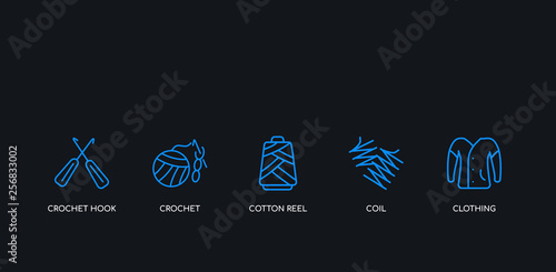 5 outline stroke blue clothing, coil, cotton reel, crochet, crochet hook icons from sew collection on black background. line editable linear thin icons.