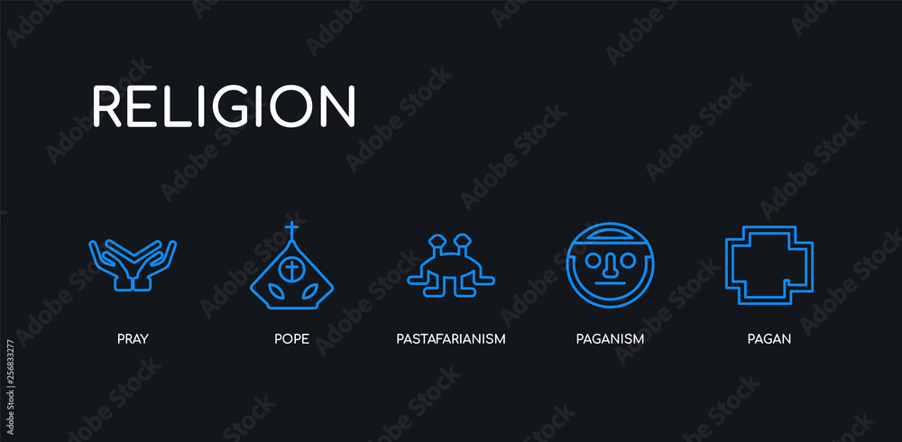 5 outline stroke blue pagan, paganism, pastafarianism, pope, pray icons from religion collection on black background. line editable linear thin icons.