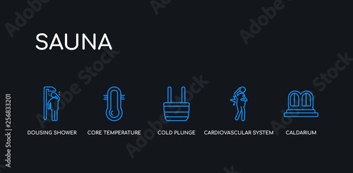 5 outline stroke blue caldarium, cardiovascular system, cold plunge, core temperature, dousing shower icons from sauna collection on black background. line editable linear thin icons.