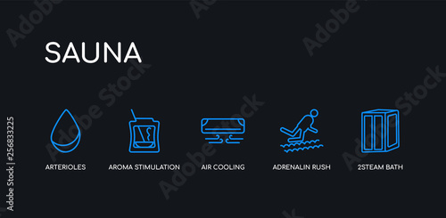5 outline stroke blue 2steam bath, adrenalin rush, air cooling, aroma stimulation, arterioles icons from sauna collection on black background. line editable linear thin icons.