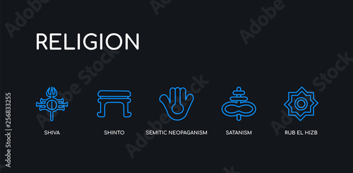 5 outline stroke blue rub el hizb, satanism, semitic neopaganism, shinto, shiva icons from religion collection on black background. line editable linear thin icons.