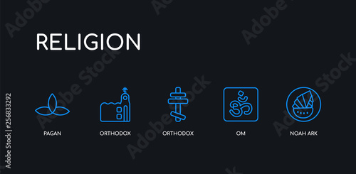 5 outline stroke blue noah ark, om, orthodox, orthodox, pagan icons from religion collection on black background. line editable linear thin icons.