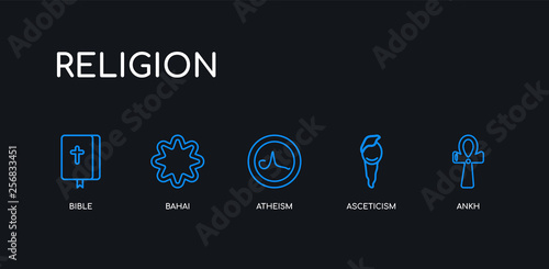5 outline stroke blue ankh, asceticism, atheism, bahai, bible icons from religion collection on black background. line editable linear thin icons.