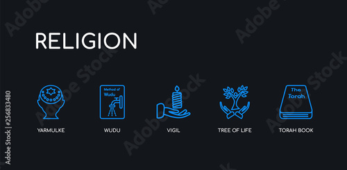 5 outline stroke blue torah book, tree of life, vigil, wudu, yarmulke icons from religion collection on black background. line editable linear thin icons.