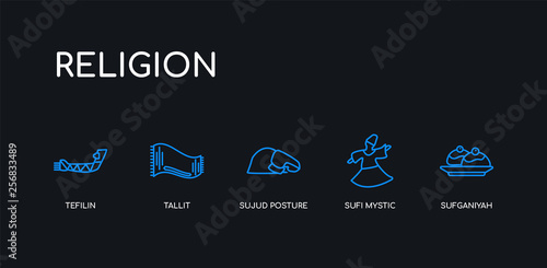 5 outline stroke blue sufganiyah, sufi mystic, sujud posture, tallit, tefilin icons from religion collection on black background. line editable linear thin icons.