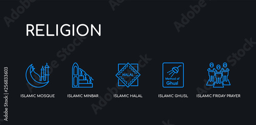 5 outline stroke blue islamic friday prayer, islamic ghusl, islamic halal, minbar, mosque icons from religion collection on black background. line editable linear thin icons.