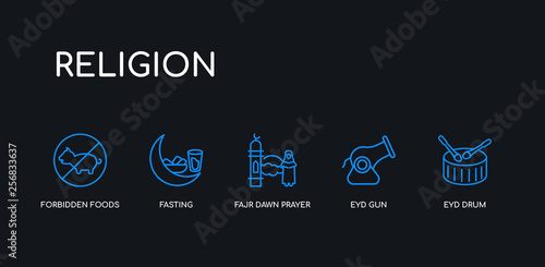 5 outline stroke blue eyd drum, eyd gun, fajr dawn prayer, fasting, forbidden foods icons from religion collection on black background. line editable linear thin icons.