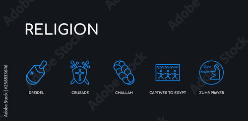 5 outline stroke blue zuhr prayer, captives to egypt, challah, crusade, dreidel icons from religion collection on black background. line editable linear thin icons.