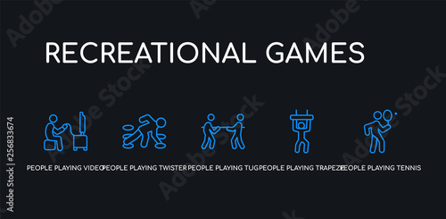 5 outline stroke blue people playing tennis, people playing trapeze, people playing tug of war, twister, video game icons from recreational games collection on black background. line editable linear