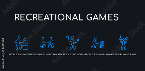 5 outline stroke blue people playing rings, people playing rummy, people playing squash, table football, table tennis icons from recreational games collection on black background. line editable