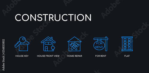 5 outline stroke blue flat, for rent, home repair, house front view, house key icons from construction collection on black background. line editable linear thin icons.