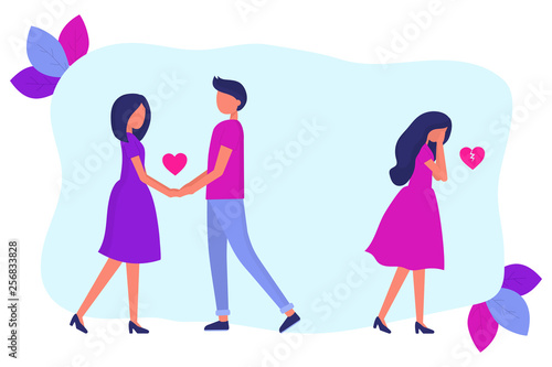 Treason, a man in a relationship with another woman. Love triangle. The girl is crying. Flat vector people.