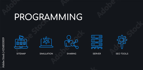 5 outline stroke blue seo tools, server, sharing, simulation, sitemap icons from programming collection on black background. line editable linear thin icons.