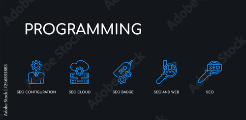 5 outline stroke blue seo, seo and web, seo badge, cloud, configuration icons from programming collection on black background. line editable linear thin icons.
