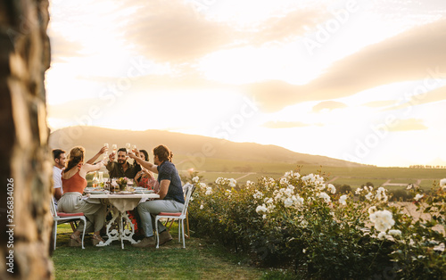 Friends toasting champagne at dinner party photo