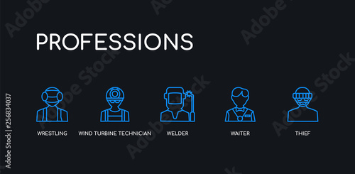 5 outline stroke blue thief, waiter, welder, wind turbine technician, wrestling icons from professions collection on black background. line editable linear thin icons.