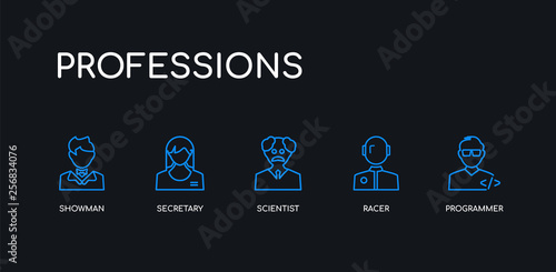 5 outline stroke blue programmer, racer, scientist, secretary, showman icons from professions collection on black background. line editable linear thin icons.