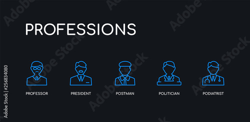 5 outline stroke blue podiatrist, politician, postman, president, professor icons from professions collection on black background. line editable linear thin icons.