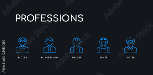 5 outline stroke blue writer, boxer, builder, businessman, butler icons from professions collection on black background. line editable linear thin icons.