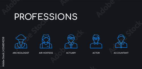 5 outline stroke blue accountant, actor, actuary, air hostess, archeologist icons from professions collection on black background. line editable linear thin icons.
