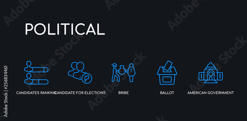 5 outline stroke blue american government building, ballot, bribe, candidate for elections, candidates ranking graphic icons from political collection on black background. line editable linear thin