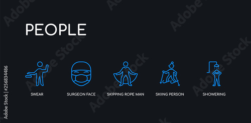 5 outline stroke blue showering, skiing person, skipping rope man, surgeon face, swear icons from people collection on black background. line editable linear thin icons.