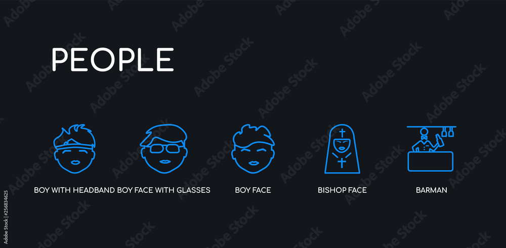 5 outline stroke blue barman, bishop face, boy face, boy face with glasses, boy with headband icons from people collection on black background. line editable linear thin icons.