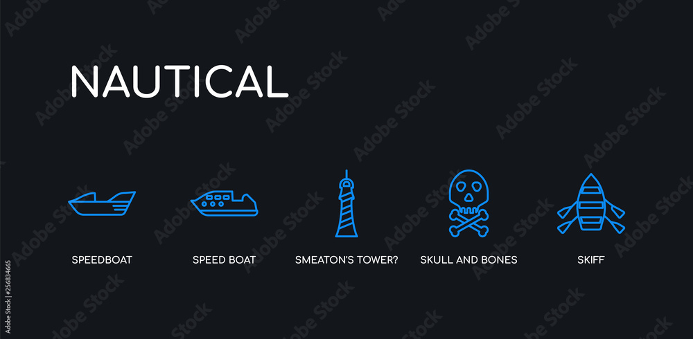 5 outline stroke blue skiff, skull and bones, smeaton's tower?, speed boat, speedboat icons from nautical collection on black background. line editable linear thin icons. 5 outline stroke blue skiff, skull and bones, smeaton's tower?, speed boat, speedboat icons from nautical collection on black background. line editable linear thin icons.