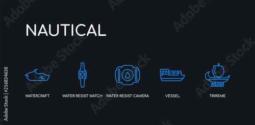 5 outline stroke blue trireme, vessel, water resist camera, water resist watch, watercraft icons from nautical collection on black background. line editable linear thin icons.