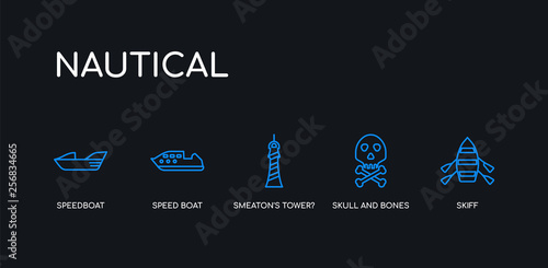 5 outline stroke blue skiff, skull and bones, smeaton's tower?, speed boat, speedboat icons from nautical collection on black background. line editable linear thin icons.