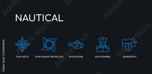 5 outline stroke blue seaworthy, ship admiral, ship engine, ship engine propeller, helm icons from nautical collection on black background. line editable linear thin icons.