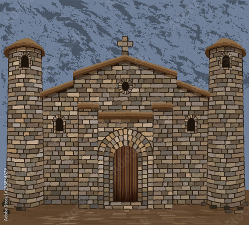 Old stone spanish  church in visigothic style with two stone towers. vector illustration