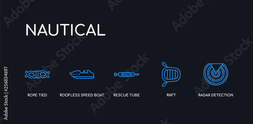 5 outline stroke blue radar detection, raft, rescue tube, roofless speed boat, rope tied icons from nautical collection on black background. line editable linear thin icons.