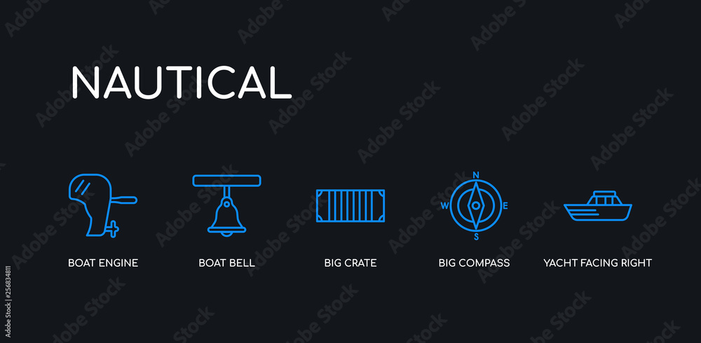 5 outline stroke blue yacht facing right, big compass, big crate, boat bell, boat engine icons from nautical collection on black background. line editable linear thin icons. 5 outline stroke blue yacht facing right, big compass, big crate, boat bell, boat engine icons from nautical collection on black background. line editable linear thin icons.