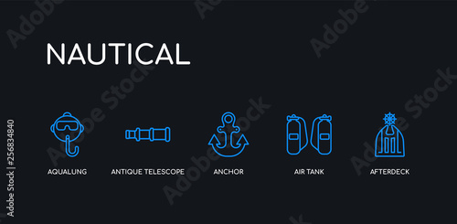 5 outline stroke blue afterdeck, air tank, anchor, antique telescope, aqualung icons from nautical collection on black background. line editable linear thin icons.