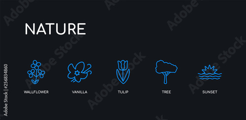 5 outline stroke blue sunset, tree, tulip, vanilla, wallflower icons from nature collection on black background. line editable linear thin icons.
