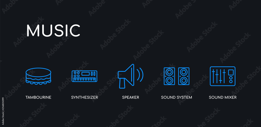 5 outline stroke blue sound mixer, sound system, speaker, synthesizer, tambourine icons from music collection on black background. line editable linear thin icons. 5 outline stroke blue sound mixer, sound system, speaker, synthesizer, tambourine icons from music collection on black background. line editable linear thin icons.