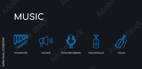 5 outline stroke blue violin, violoncello, voice recording, volume, xylophone icons from music collection on black background. line editable linear thin icons.