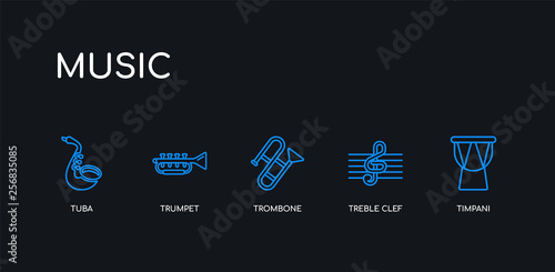 5 outline stroke blue timpani, treble clef, trombone, trumpet, tuba icons from music collection on black background. line editable linear thin icons.
