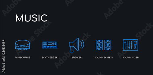 5 outline stroke blue sound mixer, sound system, speaker, synthesizer, tambourine icons from music collection on black background. line editable linear thin icons.