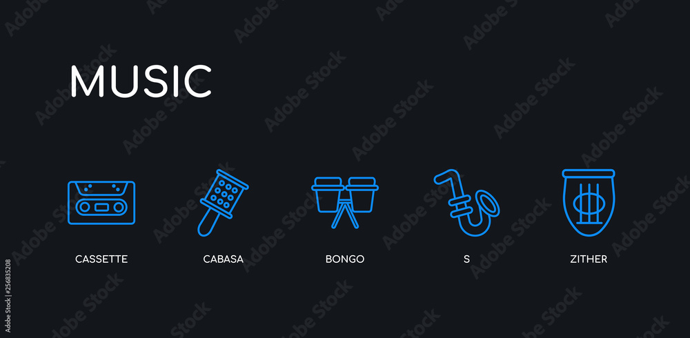 5 outline stroke blue zither, s, bongo, cabasa, cassette icons from music collection on black background. line editable linear thin icons. 5 outline stroke blue zither, s, bongo, cabasa, cassette icons from music collection on black background. line editable linear thin icons.