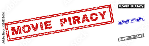 Grunge MOVIE PIRACY rectangle stamp seals isolated on a white background. Rectangular seals with distress texture in red, blue, black and gray colors.