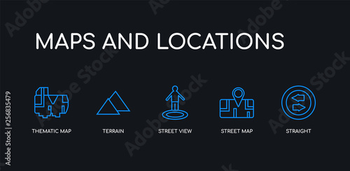 5 outline stroke blue straight, street map, street view, terrain, thematic map icons from maps and locations collection on black background. line editable linear thin icons.